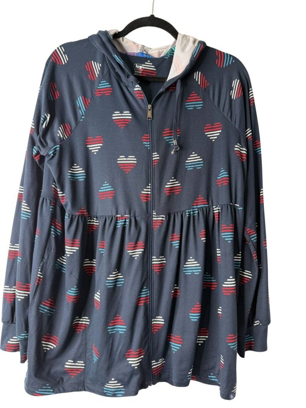 Lug Shimmy Heart Print Hooded Zip Jacket Peplum Navy Medium